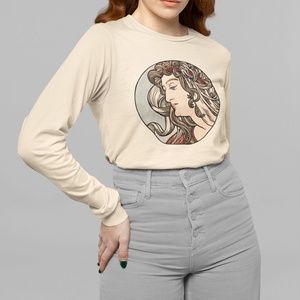 Art Nouveau Woman Vintage Circle Print Long Sleeve Graphic Tee T-shirt S M L XL